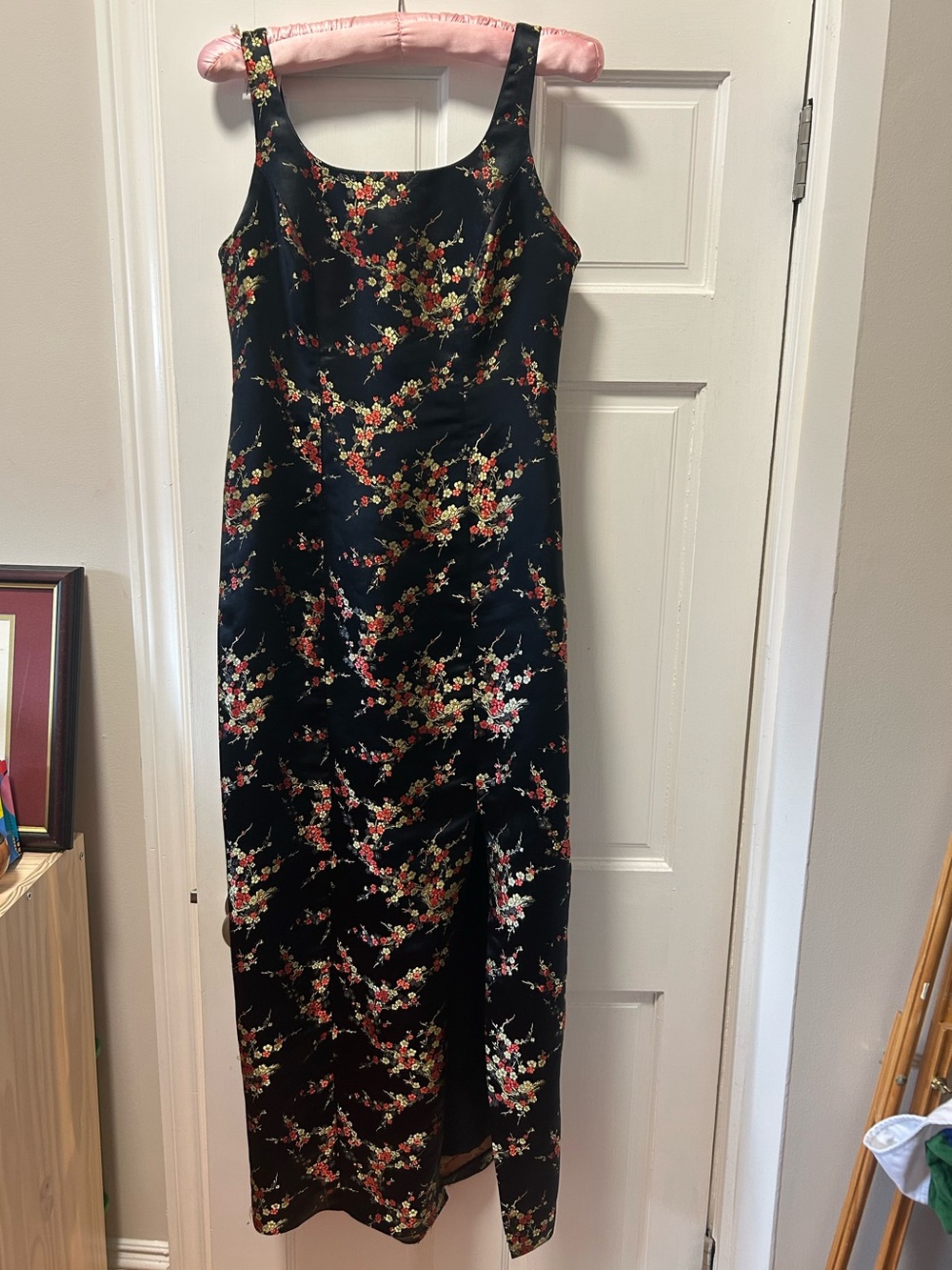 Black Floral Satin Maxi Dress with Square Neck